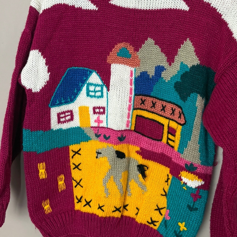 Vintage 80s WHITE STAG sweater knit farm scene folk art whimsical rare sz M EUC - Picture 10 of 16